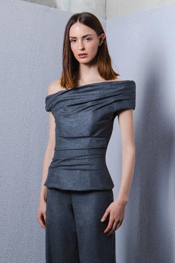 Off shoulder draped wool top