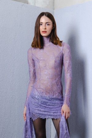 Mini lace dress with draped hip details and flowing draped
