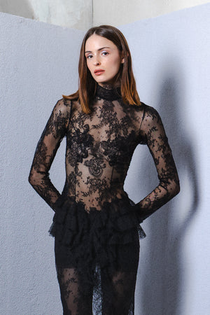 Long sleeve lace dress with frill hip details