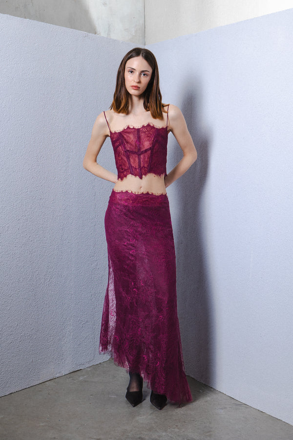 Midi sheer asymmetrical lace skirt