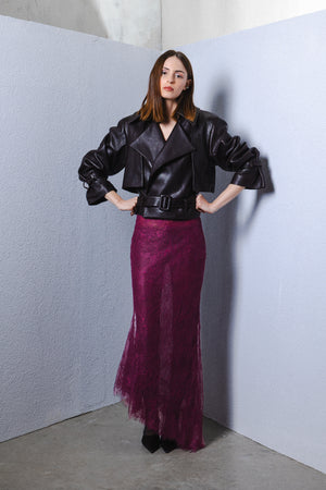 Leather pilot cropped jacket with belt