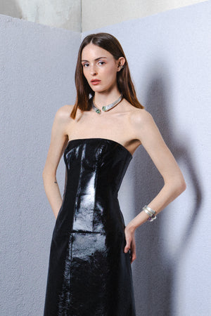 Patent leather strapless midi gown