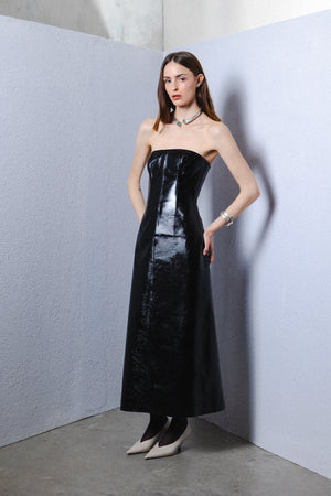 Patent leather strapless midi gown