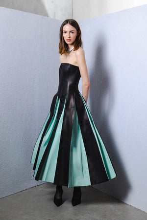 Strapless leather midi dress with pleated details