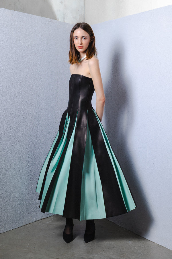 Strapless leather midi dress with pleated details