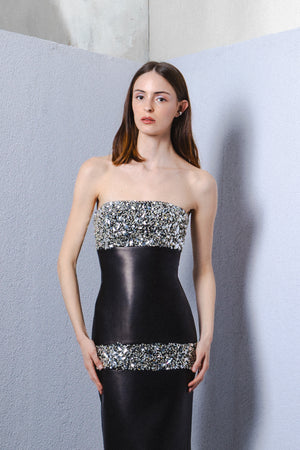 Leather midi strapless gown with beaded detail
