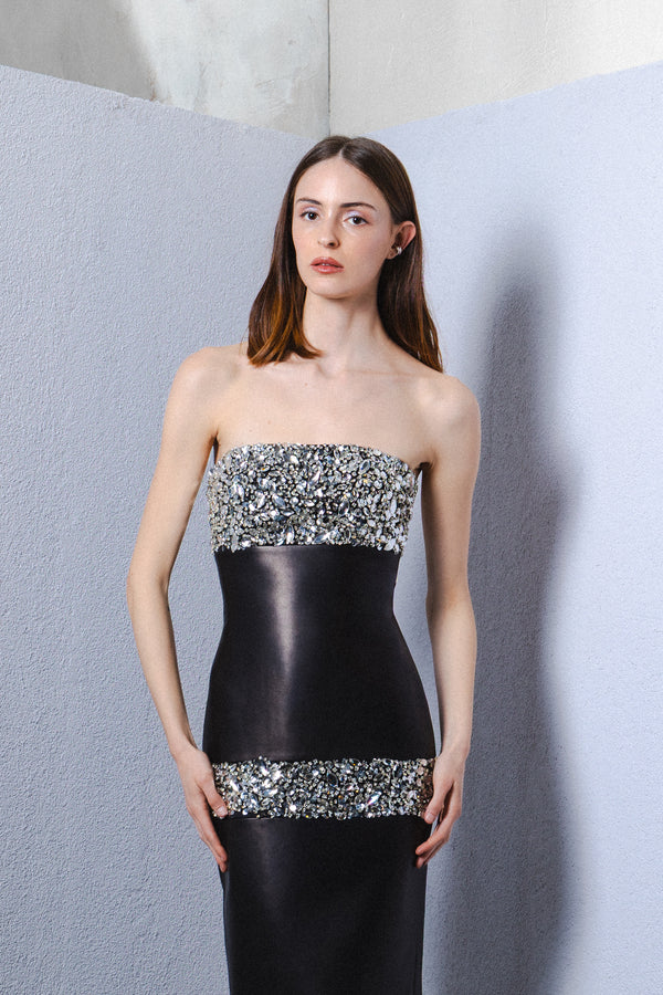 Leather midi strapless gown with beaded detail