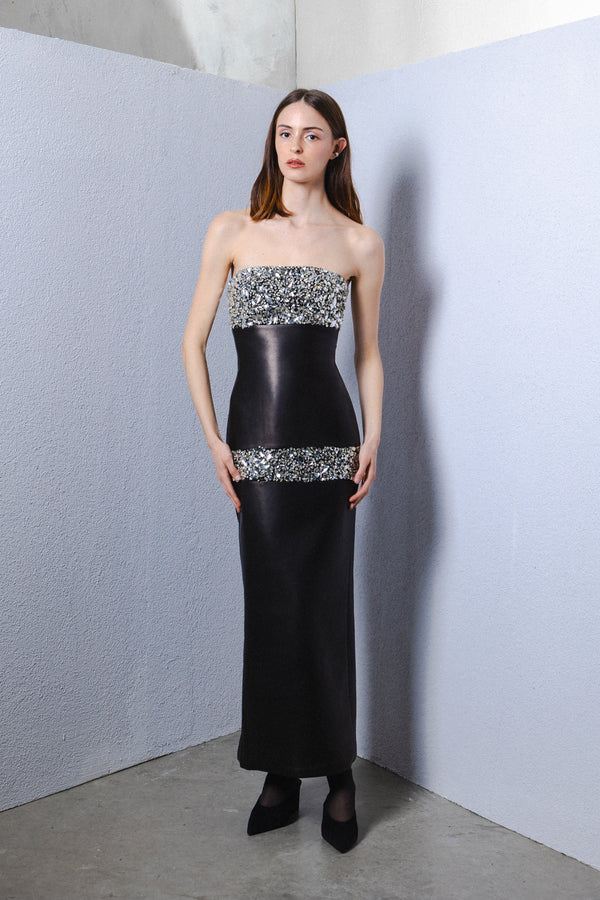Leather midi strapless gown with beaded detail