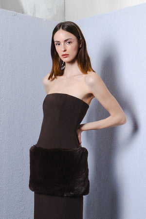 Strapless fitted Crepe gown with Faux fur details