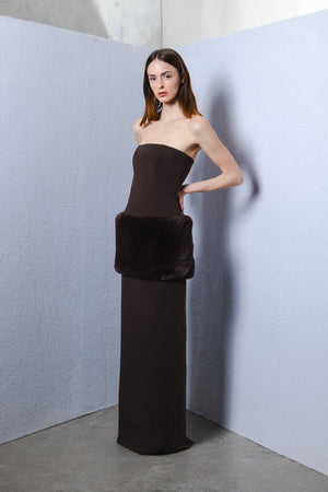 Strapless fitted Crepe gown with Faux fur details