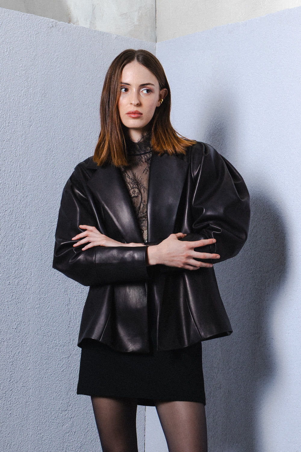 Oversized leather jacket with puff shoulder details
