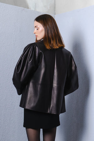 Oversized leather jacket with puff shoulder details