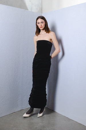 Velvet midi gown with draped skirt detail
