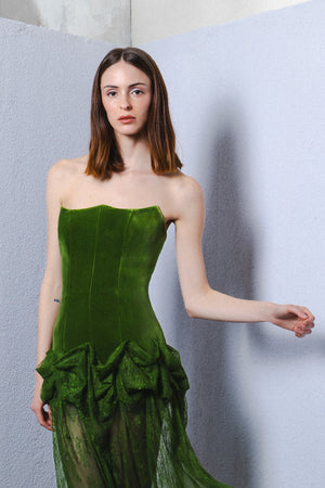 Strapless velvet corseted gown with sheer lace skirt