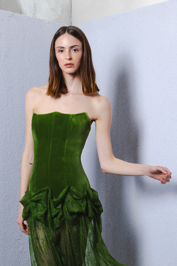 Strapless velvet corseted gown with sheer lace skirt