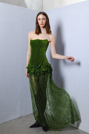 Strapless velvet corseted gown with sheer lace skirt
