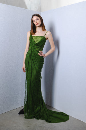 Draped lace gown with slit opening