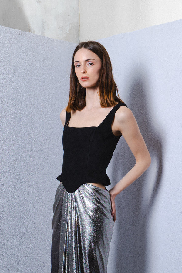Suede corset with silk lurex skirt gown
