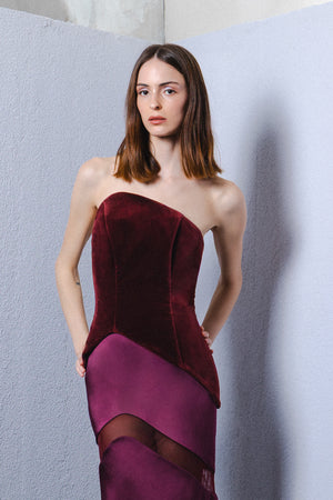 Asymmetrical velvet bodice with a satin silk skirt