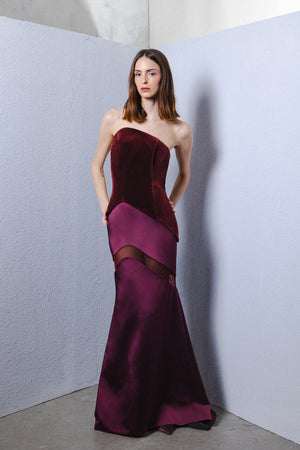 Asymmetrical velvet bodice with a satin silk skirt