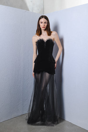 Heart shaped velvet corset with transparent skirt