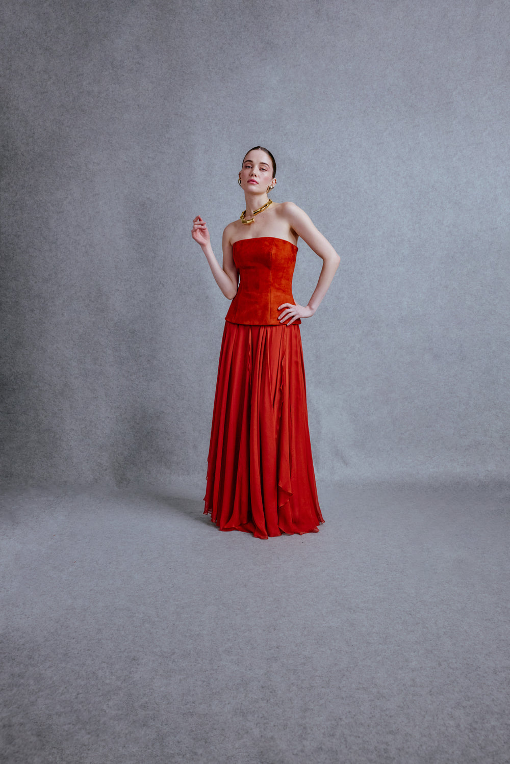 Straight cut corset with muslin skirt