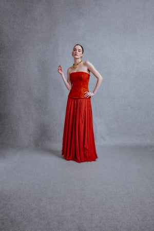 Straight cut corset with muslin skirt