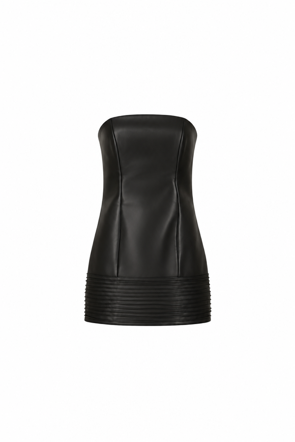 Strapless leather mini dress with a sculpted corset silhouette and pleated hem