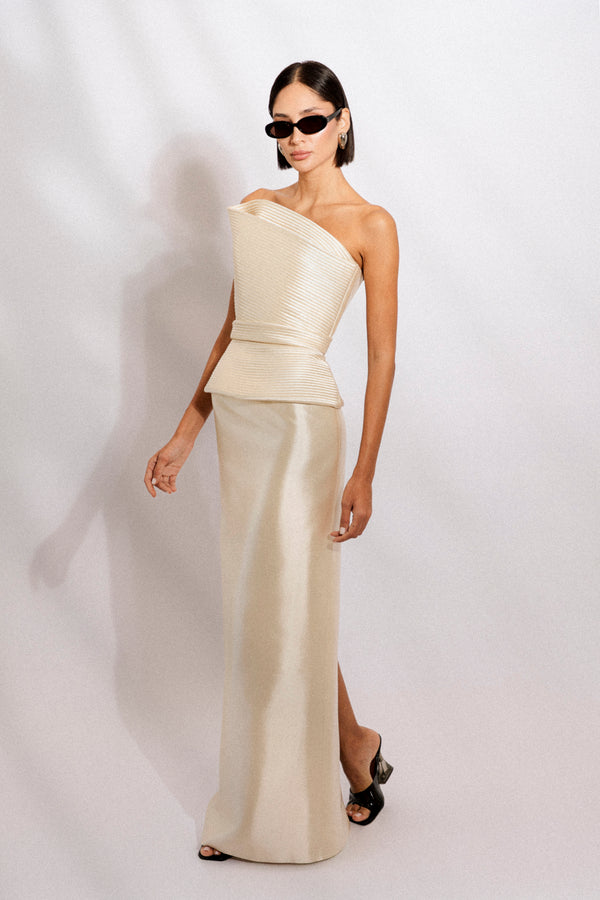 Signature architectural corset and long skirt