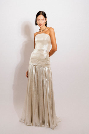 Strapless arched lurex evening gown