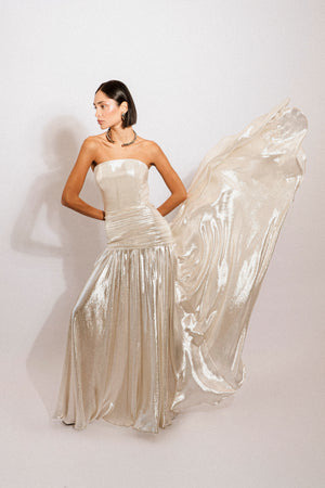 Strapless arched lurex evening gown