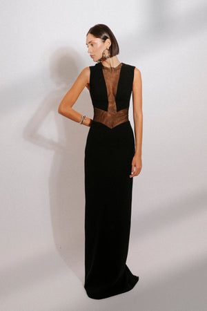 High neck crepe gown with bodice cut outs
