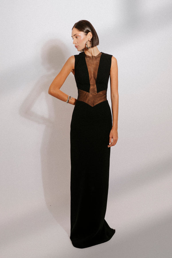 High neck crepe gown with bodice cut outs