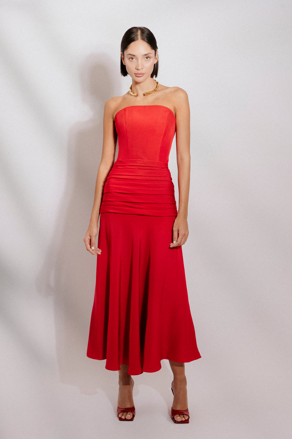 Strapless silk crepe midi dress