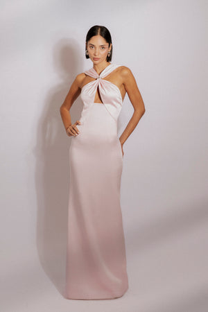 Satin silk crepe halter neck evening gown