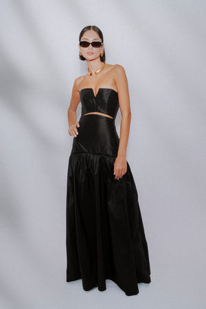 Strapless silk taffta gown with bodice cutouts