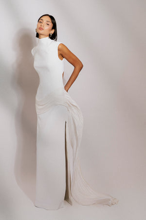 High neck crepe evening gown with taffeta wave detail