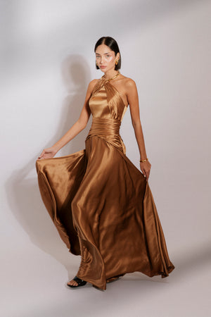 Halter neck wrapped evening silk satin dress