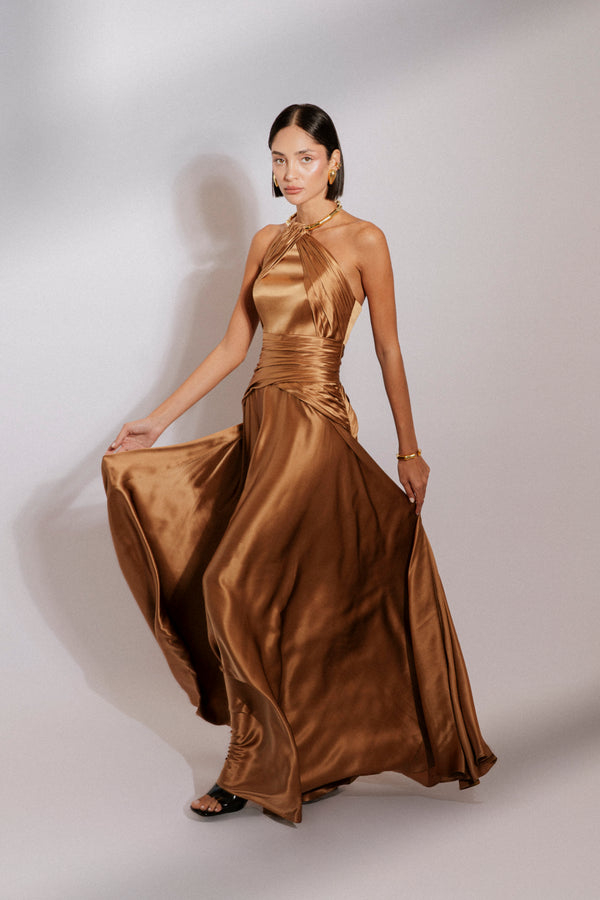 Halter neck wrapped evening silk satin dress