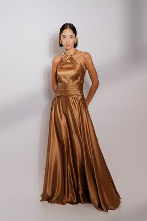 Halter neck wrapped evening silk satin dress