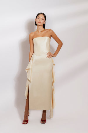 Strapless midi dress with frill detail