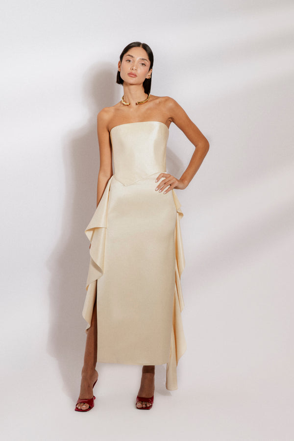 Strapless midi dress with frill detail