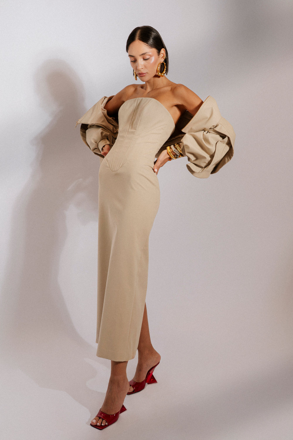 Cotton gabardine midi dress