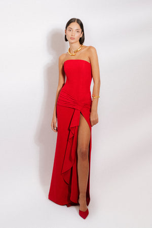 Corseted strapless evening grown