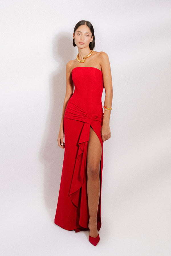 Corseted strapless evening grown