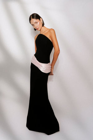 Strapless scut gown with hand draped waist detail