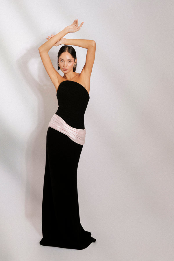 Strapless scut gown with hand draped waist detail