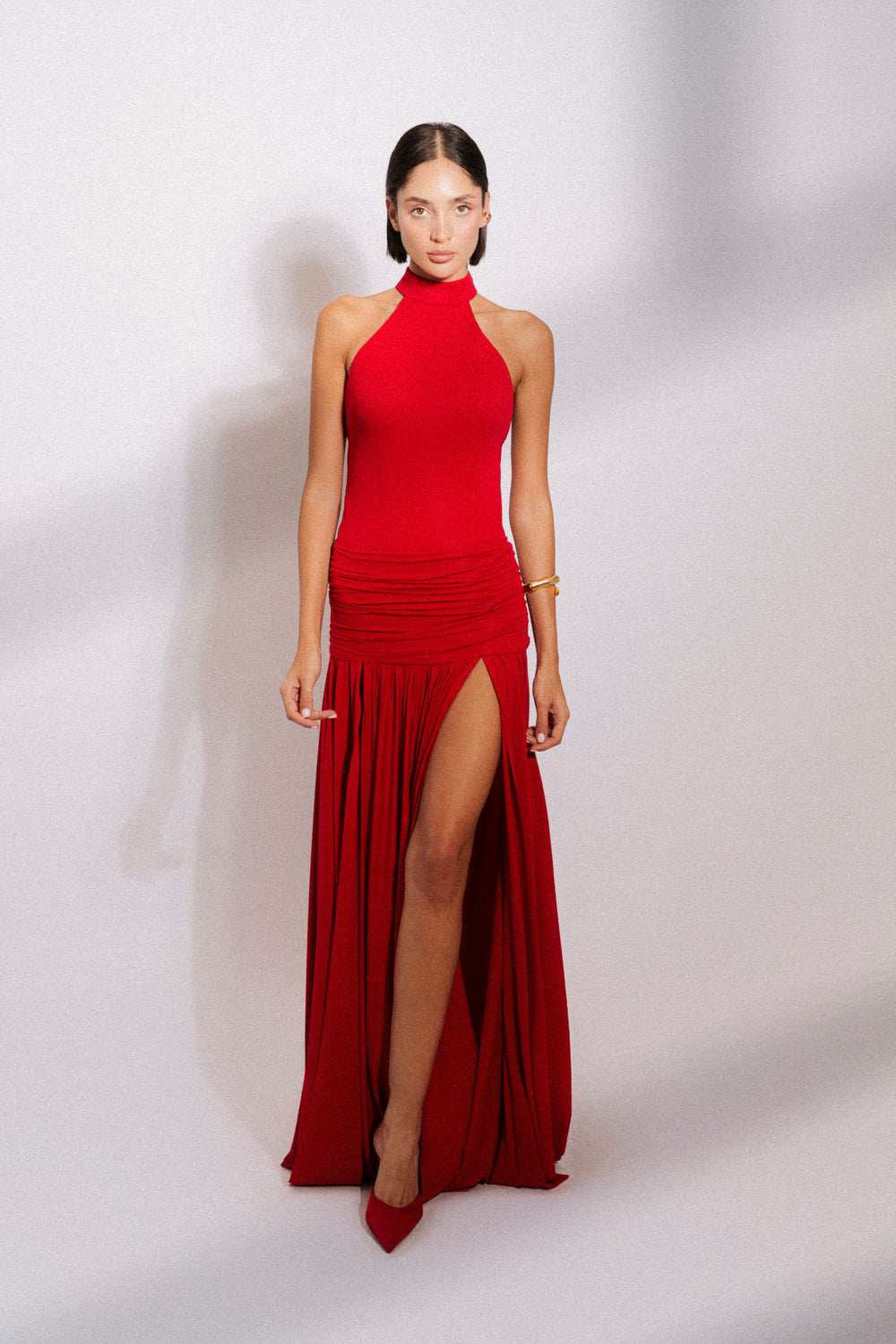 Halter neck open back silk stretch gown