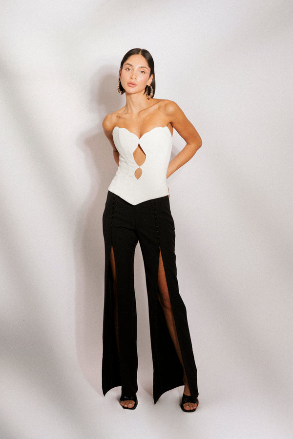 Crepe fitted pants with open front slits