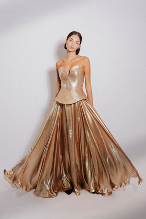 Strapless peplum corset with flared skirt evening dress